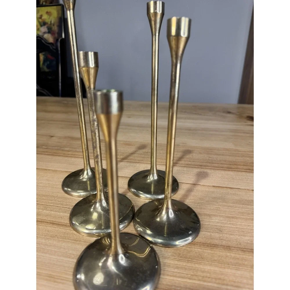 Brass & Copper Collection Cobalt Candlestick‎ Holders Set 5 Gold MCM Vintage